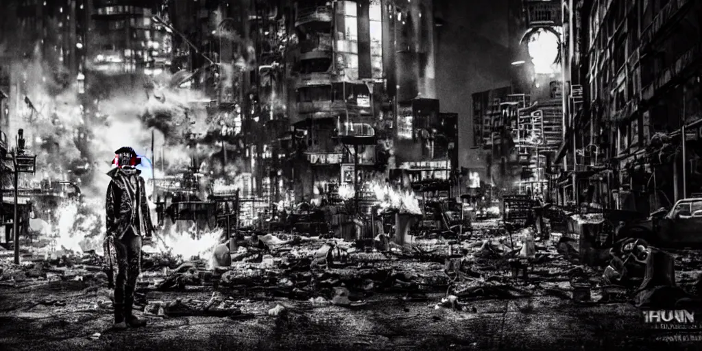 Image similar to post apocalyptic city, revolutionary punk masked up punk, fire, damaged, trash, medium shot, by liam wong