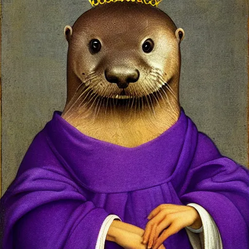 Prompt: renaissance painting of an otter wearing a royal crown and royal purple robes