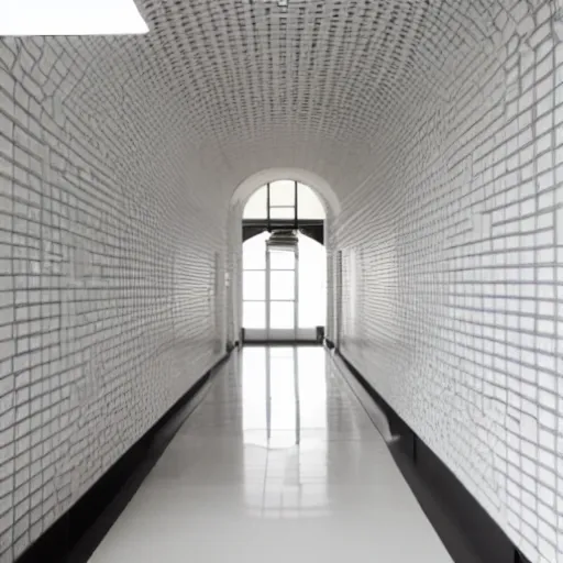 Image similar to photo of a vast interior space of irregular rooms and corridors. ceramic white tiles on all the walls.