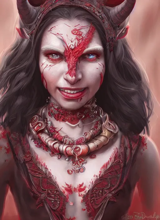 Image similar to red skin, Tiefling , smiling, beautiful detailed eyes, cute, fantasy, intricate, elegant, highly detailed, digital painting, 4k, HDR, concept art, detailed jewelry, smooth, sharp focus, illustration, by Eric Deschamps