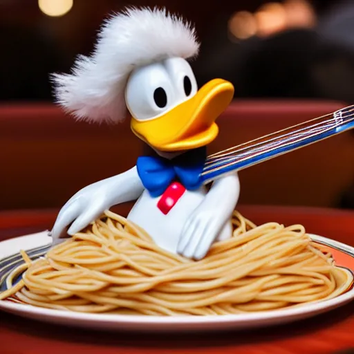 Image similar to donald duck sleeping in a restaurant surrounded by laughing drunk people eating spaghetti and playing violins. highly detailed flash photography. shallow depth of field