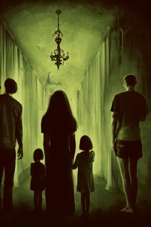 Prompt: an unsettling old colored family photograph, anxious people standing in a large haunted house, phantom ghosts in the background, cinematic, horror, photorealistic, vintage, artstation, painterly, expressive