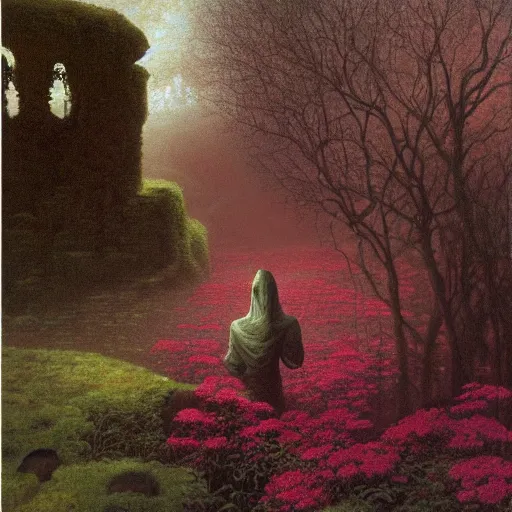 Prompt: a creepy 8K RESOLUTION OIL PAINTING OF a wraith in the rose garden of the moorish castle, BY Zdzislaw Beksinski and thomas kinkade