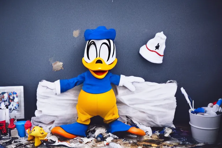 Prompt: donald duck hide in dark corner of dirty messy room, smiling, dark, flash light, dream core, horror