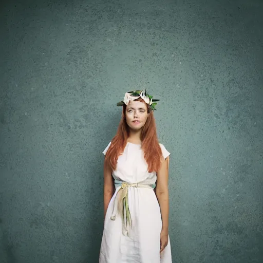 Image similar to a photograph of beautiful nordic woman wearing a white folkdrakt dress, she has a summer flower headband. against a teal studio backdrop. strong kodak portra 4 0 0 film look. film grain.