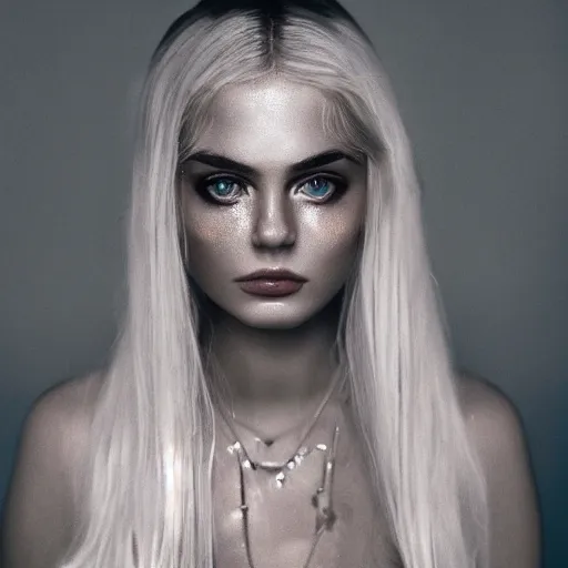 Prompt: aesthetic!!!!!! Female genie, blonde hair, silver tint, cinematic lighting, symmetrical, in-frame