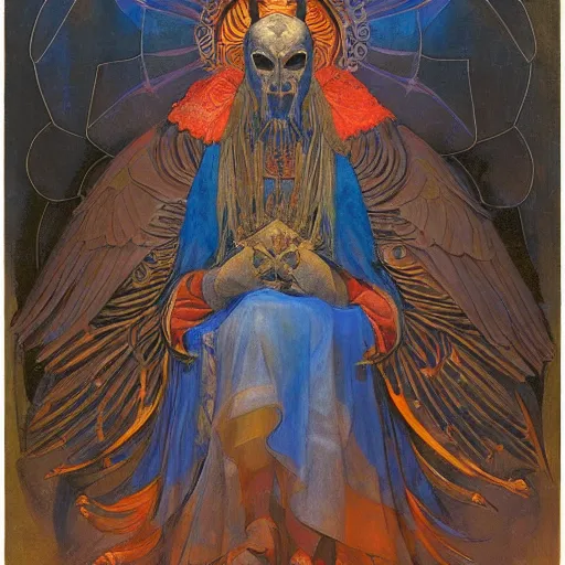 Image similar to coronation of the raven, by Annie Swynnerton and Nicholas Roerich, bioluminescent skin!, elaborate costume, geometric ornament, symbolist, rich colors, dramatic lighting, smooth, sharp focus, extremely detailed