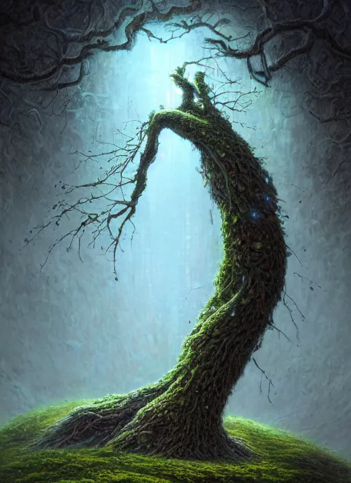 Image similar to Portrait of an Ancient Robot with a tree growing out of its head, patches of moss, translucent leaves, extremly detailed digital painting, in the style of Tomasz Alen Kopera and Fenghua Zhong and Peter Mohrbacher, mystical colors, rim light, beautiful lighting, 8k, stunning scene, raytracing, octane, trending on artstation