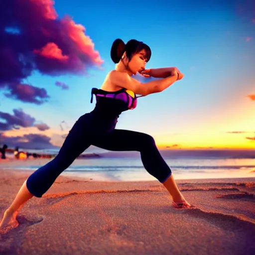 Prompt: photo of Chun Li training at the beach, sunset, solar flare, fine art photography