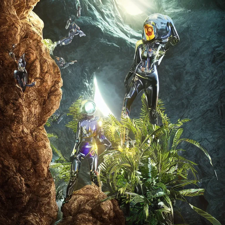 Prompt: octane render portrait by wayne barlow and carlo crivelli and glenn fabry, focus on a woman wearing a smooth shiny black latex spacesuit with intricate iridescent metal helmet, surrounded in colorful tropical alien flora in front of a giant rocky cave opening, cinema 4 d, ray traced lighting, very short depth of field, bokeh