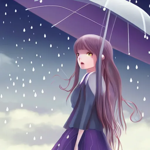 Prompt: girl with purple long hair holding a umbrella while it rains, serious, extremely detailed, made by wlop and studio ghibli, full body portrait, illustration, grass, rain drops can be seen, very cloudy, anime, side view, perfect anime face, detailed face,