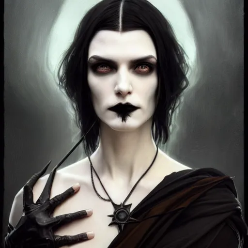 Image similar to portrait painting of an androgynous witch with shoulder length flowing black hair pale skin and beautiful dark brown eyes wearing goth clothes, ultra realistic, concept art, intricate details, eerie, highly detailed, photorealistic, octane render, 8 k, unreal engine. art by artgerm and greg rutkowski and alphonse mucha