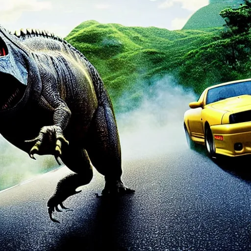 Prompt: beautiful detailed long shot photograph of a t-rex stepping on a nissan skyline r34, jurassic Park, jurassic World, fast and the furious