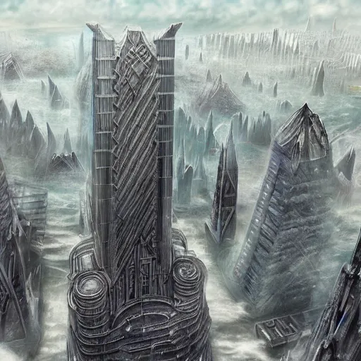 Image similar to fantasy rendering of art deco brutalist city atlantis rising, torrent, maelstrom, chiseled formations, atmospheric, ambient, frost, matte painting