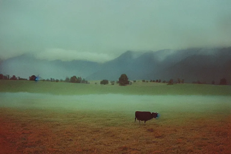 Prompt: film color photography, cow in the blue fog at the lawn, mountains in distance, 35mm