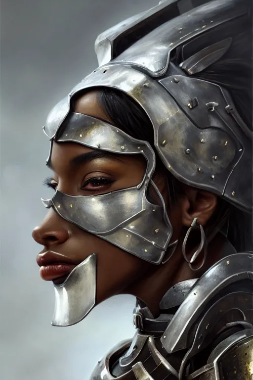 Image similar to a photorealistic painted portrait of an attractive young black girl, partially clothed in metal-plated battle armor, olive skin, long dark hair, flawless skin, beautiful bone structure, perfectly symmetric facial features, perfect photorealistic eyes, natural physique, intricate, elegant, digital painting, concept art, finely detailed, beautifully illustrated, sharp focus, minimal artifacts, from Metal Gear, by Ruan Jia and Mandy Jurgens and Artgerm and William-Adolphe Bouguerea, in the style of Greg Rutkowski, trending on Artstation, award winning art