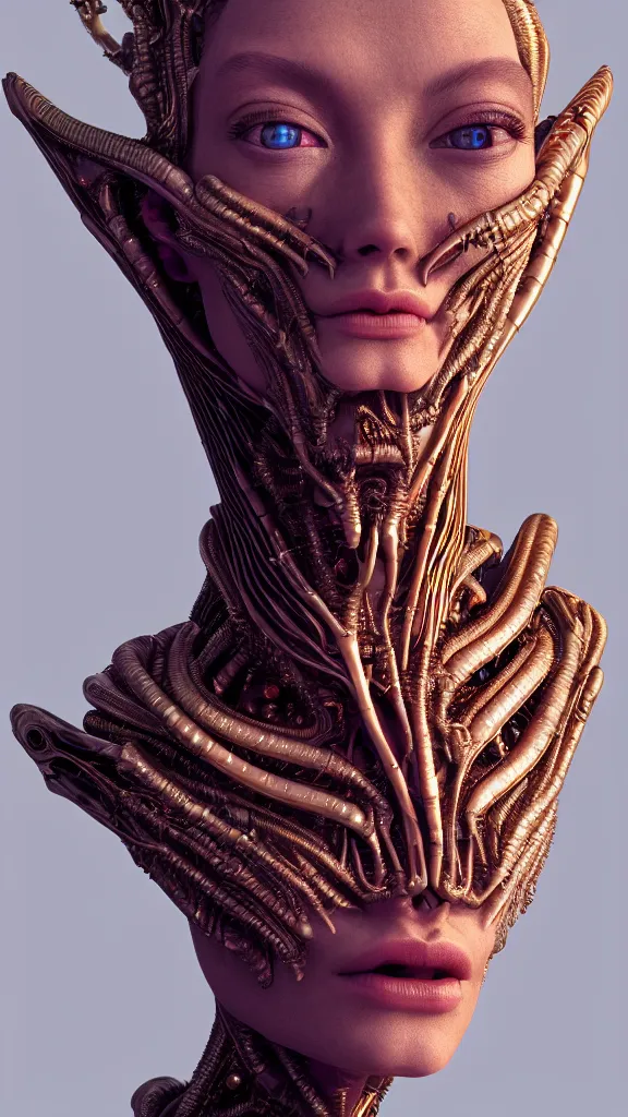 Image similar to a high quality photo of a young beautiful female queen-alien-cyborg bust with a very long neck and Mandelbrot fractal face with crown, by mario feng, scales, alien eyes, master shot, octane render, 8k, ultra hd, perfect light