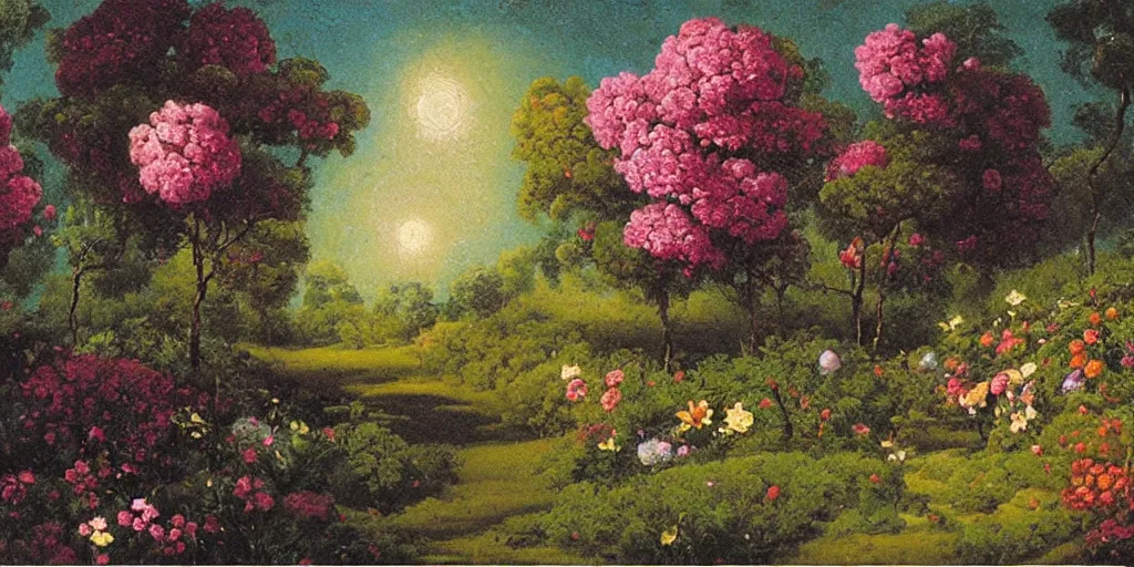 Image similar to a flowering garden on the moon, impasto paint in the style of martin johnson heade,