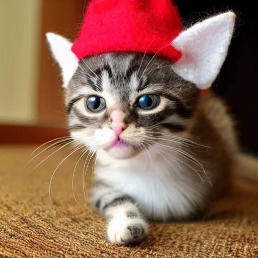 Prompt: kitten photo, wearing wool hat, tongue mlem, cat ears