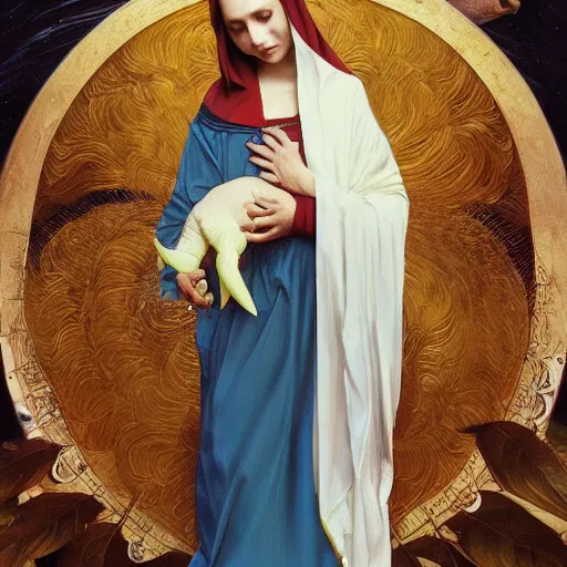 Image similar to the virgin mary holding a reptile, no baby, no baby, highly detailed, digital painting, concept art, smooth, sharp focus, illustration, surrealist, absurd, humorous, photoshop, art by artgerm and greg rutkowski and alphonse mucha