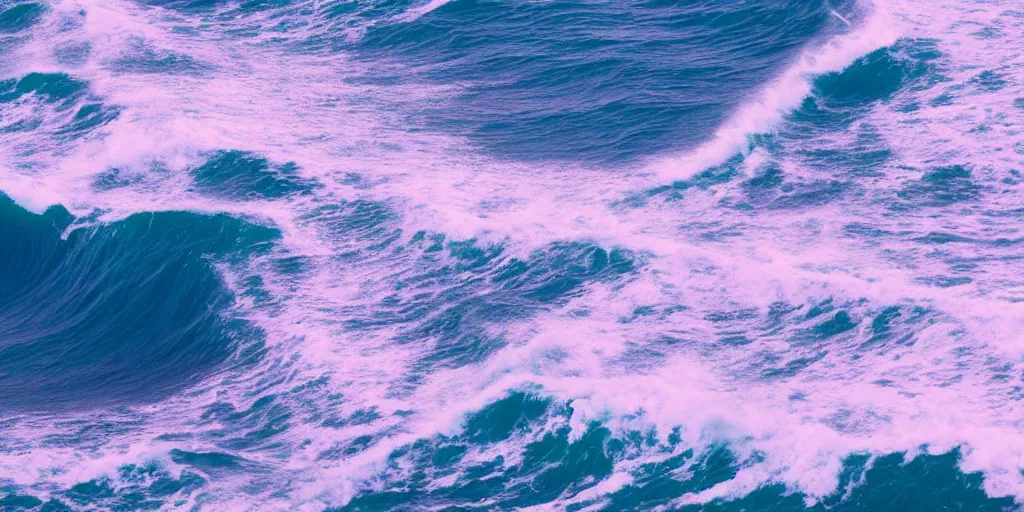 Prompt: blue purple and pink colored ocean waves rolling into the beach that look like the great wave off Kanagawa, high resolution, 8k