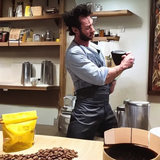 Prompt: real photo of wolverine making coffee late art with hart shape