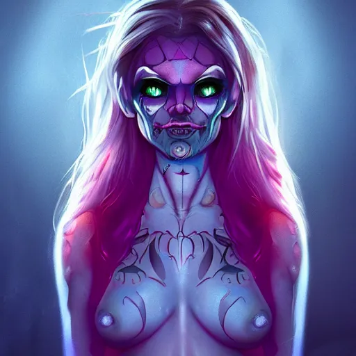 Prompt: Beautiful alien woman with gray skin. with pink eyes. Tattoos on the face. standing on the track. Night light. Digital art. Super detail, 4k, wow, artstation trending, smoke