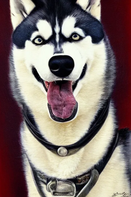 Image similar to a portrait painting of a husky in cowboy costume, a fistful of dollars, character design, anime, furry, humanoid, personify, anthropomorphic