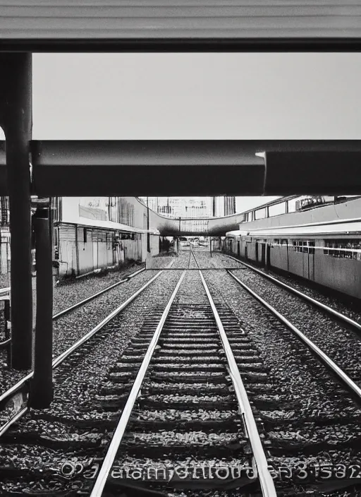 Prompt: a 2 8 mm macro photo from the back of a commuter standing on a train platform, splash art, movie still, bokeh, canon 5 0 mm, cinematic lighting, dramatic, film, photography, golden hour, depth of field, award - winning, anamorphic lens flare, 8 k, hyper detailed, 3 5 mm film grain