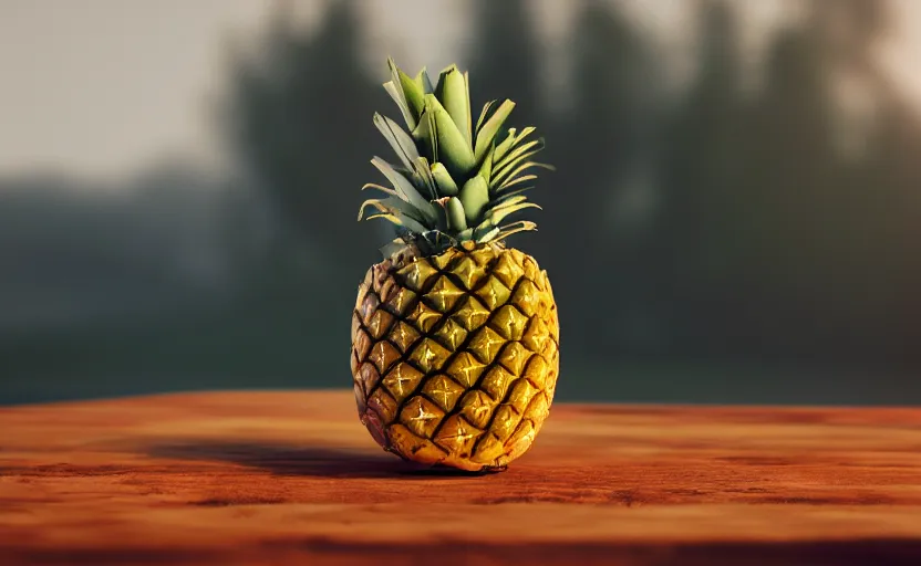 Prompt: a macro photo of a pine apple on a wooden table at sunrise, hyperrealistic, some trees in the background, dof, octane render, unreal engine 5, trending on artstation, high quality, highly detailed, 8 k, soft lighting, path traced, beautiful, harmonious, complementary colors, serene scene, bloom, godrays, concept art
