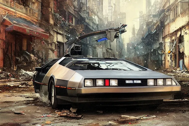 Image similar to photograph of the delorean driving down the streets of a cyberpunk abandoned city, by greg rutkowski, by stanley artgerm, by alphonse mucha