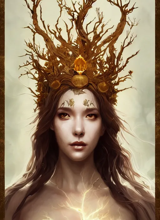 Prompt: Half-body portrait of a beautiful dryad high priestess queen with golden vine crown and white robes. In style of Hyung-tae Kim and Greg Rutkowski, concept art, trending on ArtStation, Korean MMORPG, over-detailed art, 8K, epic, dynamic lightning, dramatic pose.