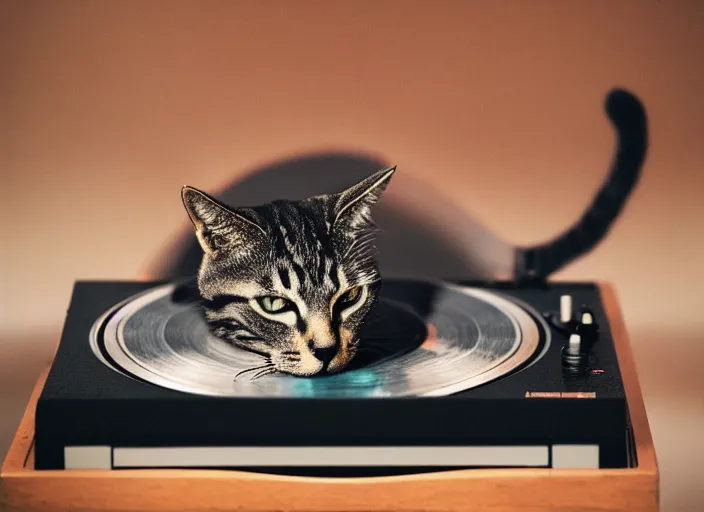 Image similar to photography of a Cat sitting on a record player. in a room full of posters, photorealistic, raining award winning photo, 100mm, sharp, high res