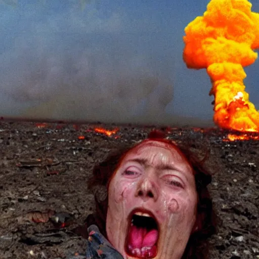 Prompt: a selfie of a ukrainian screaming in pain and terrible injuries from a nuclear explosion, everything is on fire and radiation, in the background people look like zombies are corpses and chocklets, a large nuclear explosion in the background, people are painted in yellow - blue uveta, all dirty with severed limbs, bad day