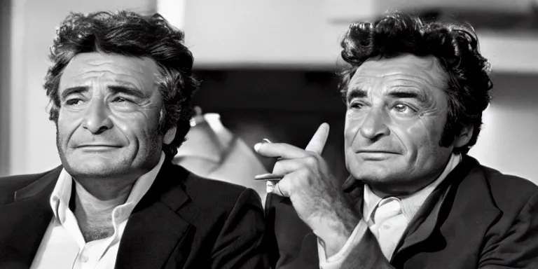 Image similar to photorealistic close up cinematography of peter falk acting in a 1 9 6 9 episode of columbo shot on 3 5 mm eastman 5 2 5 4 film with a 6 5 mm cooke panchro macro lens shot by cinematographer russell metty