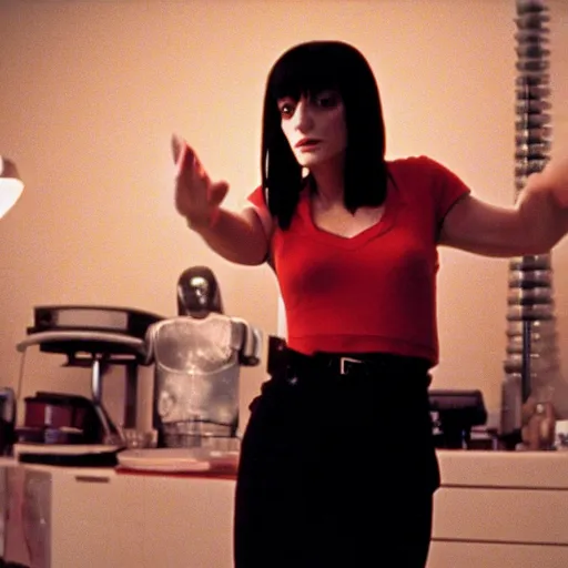 Image similar to movie still of cyborg mia wallace, cinematic composition, cinematic light, criterion collection, by edgar wright