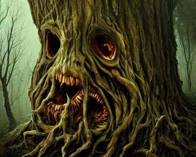 Image similar to a talking oak tree, a face in the bark, eyes in the bark, mouth in the bark, horror fantasy concept art, sharp teeth, digital painting, oil painting, hyperrealistic, treebeard, ent, undead, zombie, monster, moonlight, in the forest, by greg rutkowski by alan lee by artgerm