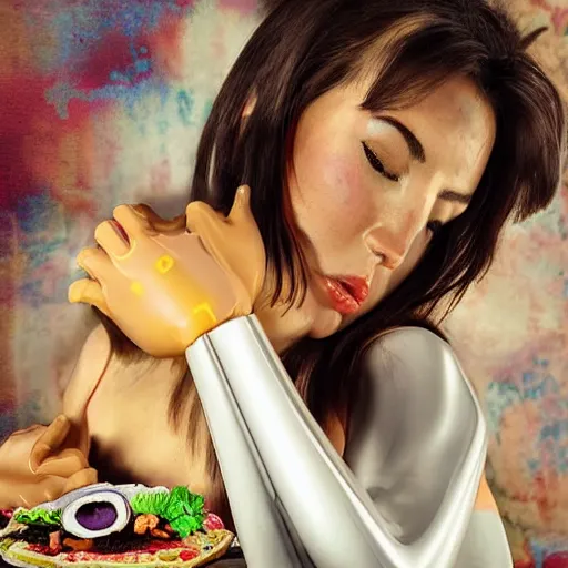 Prompt: beautiful woman hyper real photograph, kodak, woman is a robot, eating robot tacos