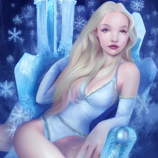 Prompt: dove cameron as an ice princess sitting on her ice throne in her ice castle wearing a bikini, ice, frost, white beautiful hair, cold colours, digital art, illustration, concept art by jason chan