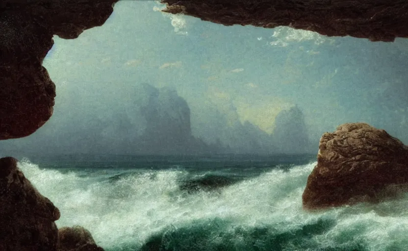 Prompt: large rock in the middle of the ocean, large waves, close up shot, rocky, at dusk, 4k, rule of thirds, extreme detail, hazy, intricate ink illustration, surreal, surrealist, trending on artstation, cgsociety, hd, complimentary colours, realistic lighting, by Albert Bierstadt, Frederic Edwin Church.