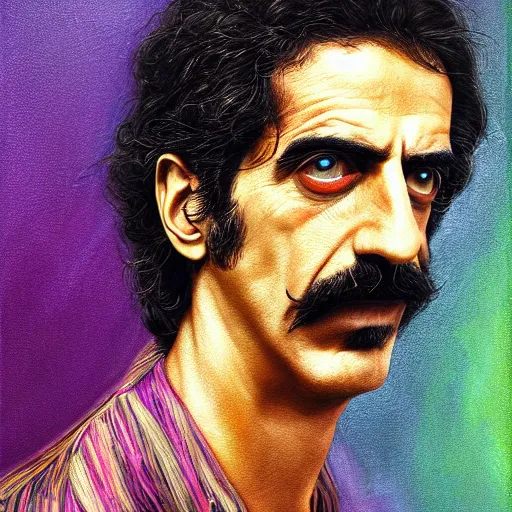 Image similar to An extremely psychedelic portrait of Frank Zappa, surreal, LSD, face, detailed, intricate, elegant, lithe, highly detailed, digital painting, artstation, concept art, smooth, sharp focus, illustration