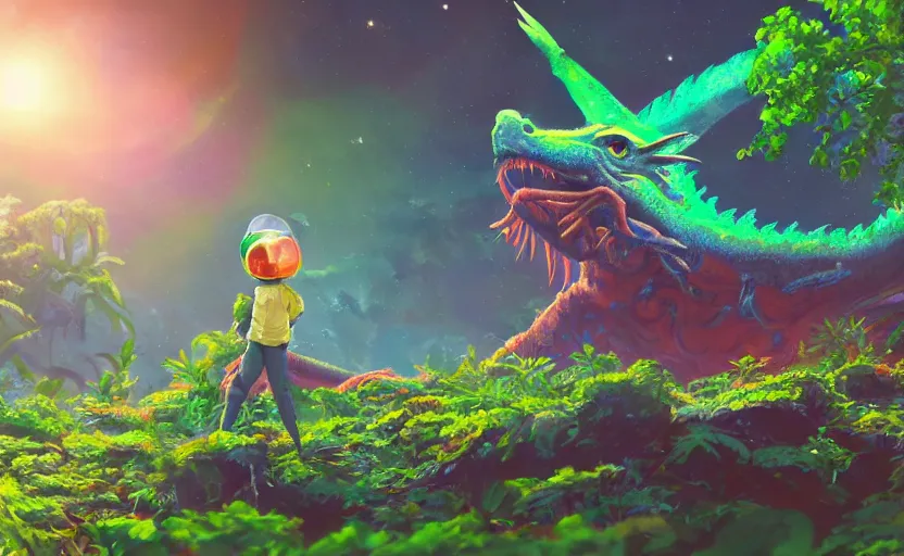 Image similar to a still of a cute adorable tiny astronaut, on a planet of lush colorful foliage, with an enormous kaiju dragon surrounding the full background, magical forest, sharp focus, neon backlit, highly detailed, disney pixar studio ghibli makoto shinkai, digital painting, matte, octane render, global illumination, iridescent, anime, 8 k concept art