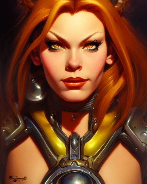 Image similar to brigitte from overwatch, fantasy, fantasy art, character portrait, portrait, close up, highly detailed, intricate detail, amazing detail, sharp focus, vintage fantasy art, vintage sci - fi art, radiant light, caustics, by boris vallejo