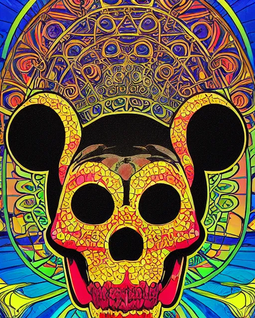 Image similar to mickey mouse skull carving art, background are varities of superhot chili peppers, cell shading, voronoi, fibonacci sequence, sacred geometry by Alphonse Mucha, hiroshi yoshida, Art Nouveau, colorful, ultradetailed, vivid colour, 3d