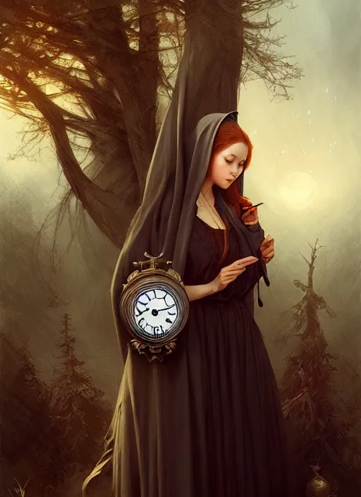 Image similar to a clock and a witch, elegant, sharp focus, illustration, highly detailed, digital painting, concept art, matte, art by wlop and artgerm and ivan shishkin and andrey shishkin, masterpiece