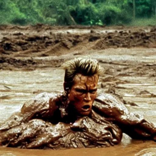 Prompt: the terminator disguised as donald trump, rising out of muddy vietnam river, face covered in mud, low camera angle at water level, night time, film still from apocalypse now ( 1 9 7 9 ), 2 6 mm,