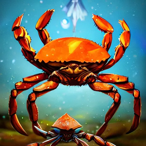 Image similar to A portrait of a giant crab wizard, 4k, fantasy, D&D, traditional art, highly detailed, full body shot, shallow depth of field, bokeh, professional lighting