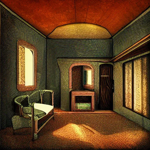 Prompt: art - deco interior of a hobbits house, digital art