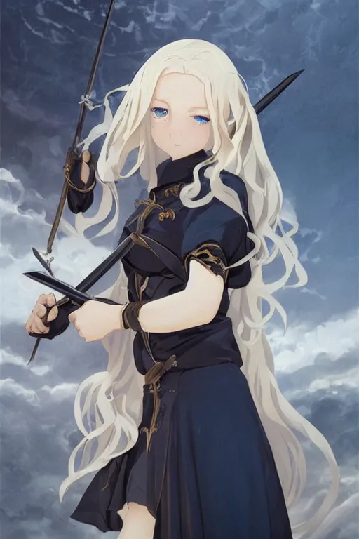 Image similar to baroque oil painting character ln illustration concept art lotr anime key visual, young female nazi maid bikini, long flowing blonde hair blue eyes, symmetrical perfect face fine detail delicate features quiet gaze, full black military uniform, gapmoe kuudere bokeh, trending pixiv fanbox, hell, fire, by greg rutkowski makoto shinkai takashi takeuchi studio ghibli