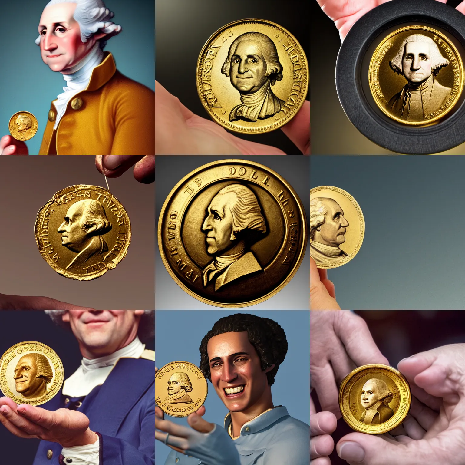 Prompt: a closeup photorealistic photograph of a happy George Washington holding a small gold Doubloon coin in the palm of his hand. This 4K HD image is Trending on Artstation, featured on Behance, well-rendered, extra crisp, features intricate detail and the style of Unreal Engine.